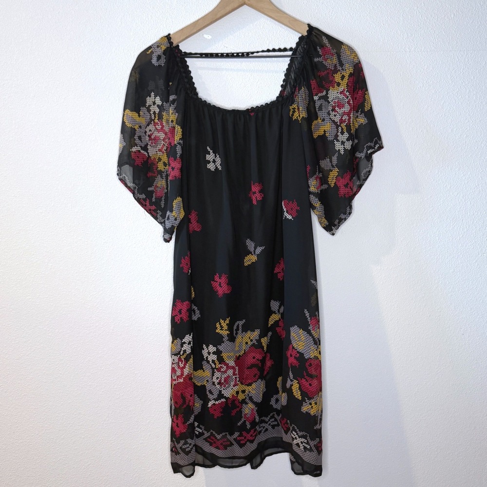 MILLIBON Womens Floral Cross Stitch Chiffon Shift Dress Size L Event Business